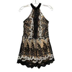 Aly Daly Womens Halter Racerback Floral Lace Romper Black/Multi L Cut Out